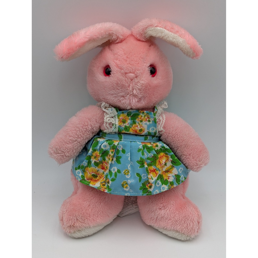 Mighty Star Plush Bunny Pink Floral Dress Lace Trim‎ Vintage Rabbit Stuffed